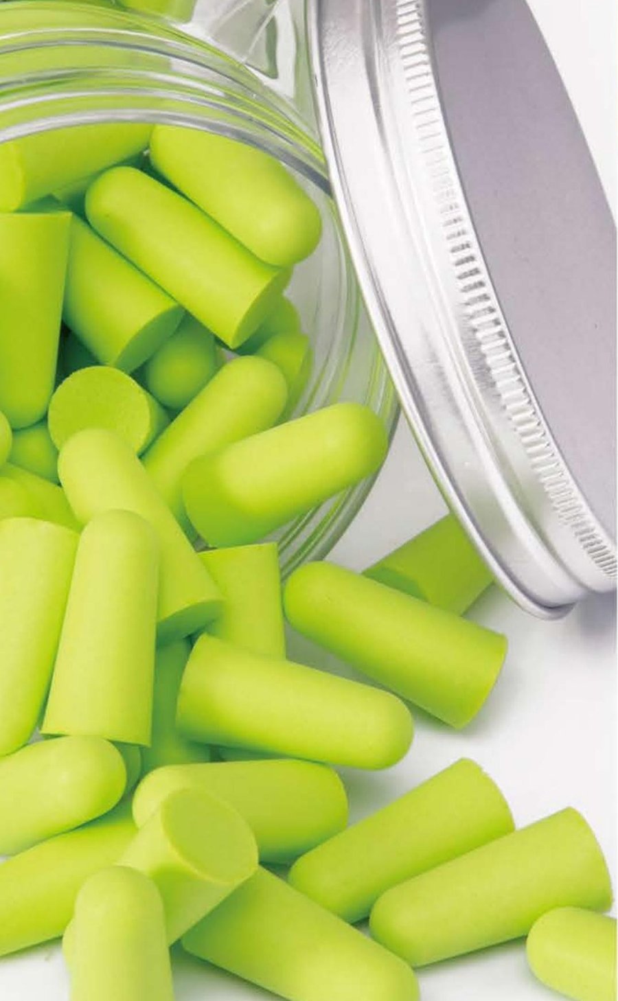 Close-up of bio-based PU foam earplugs, unbranded product photo