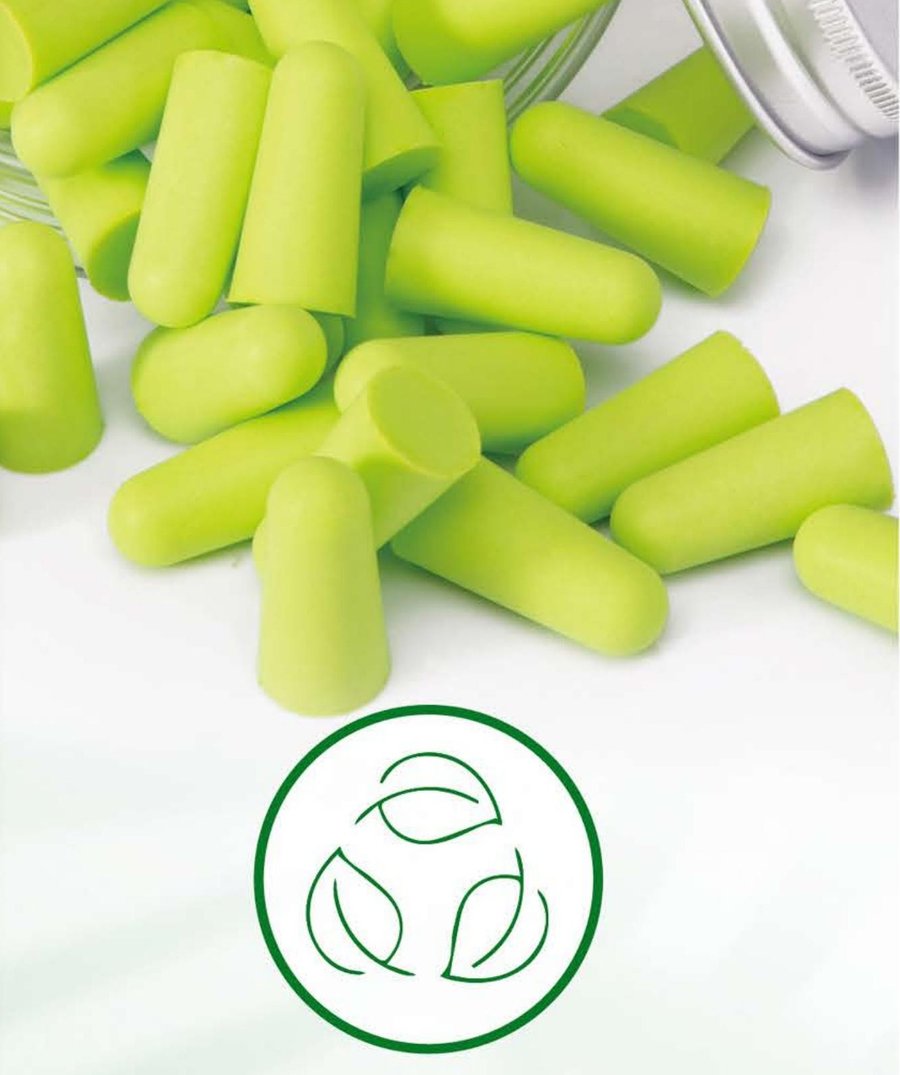Bio-based PU foam earplugs spilling out of a storage jar next to the recyclable-source icon, unbranded product photo