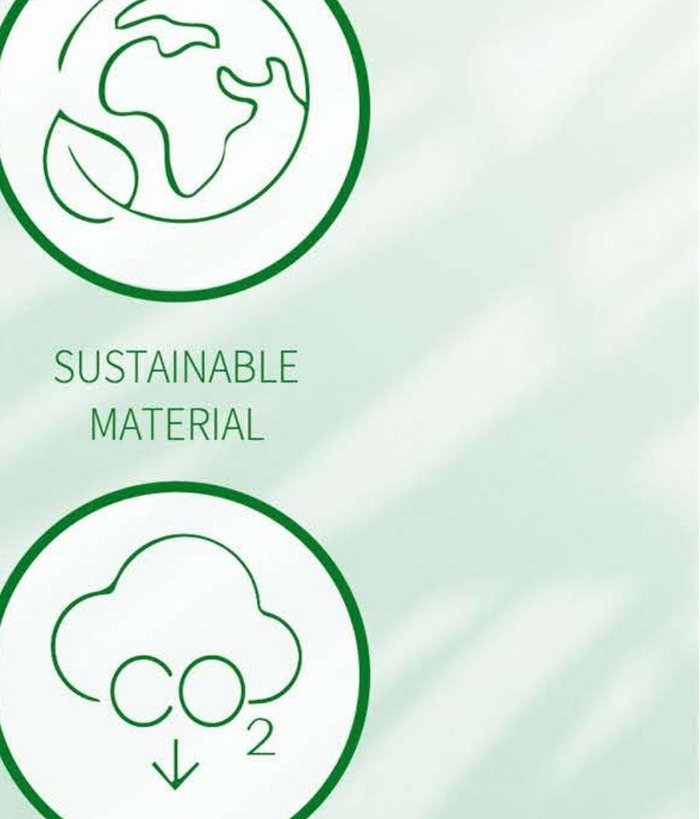 Sustainable material and CO2 reduction icons from the product's sustainability documentation
