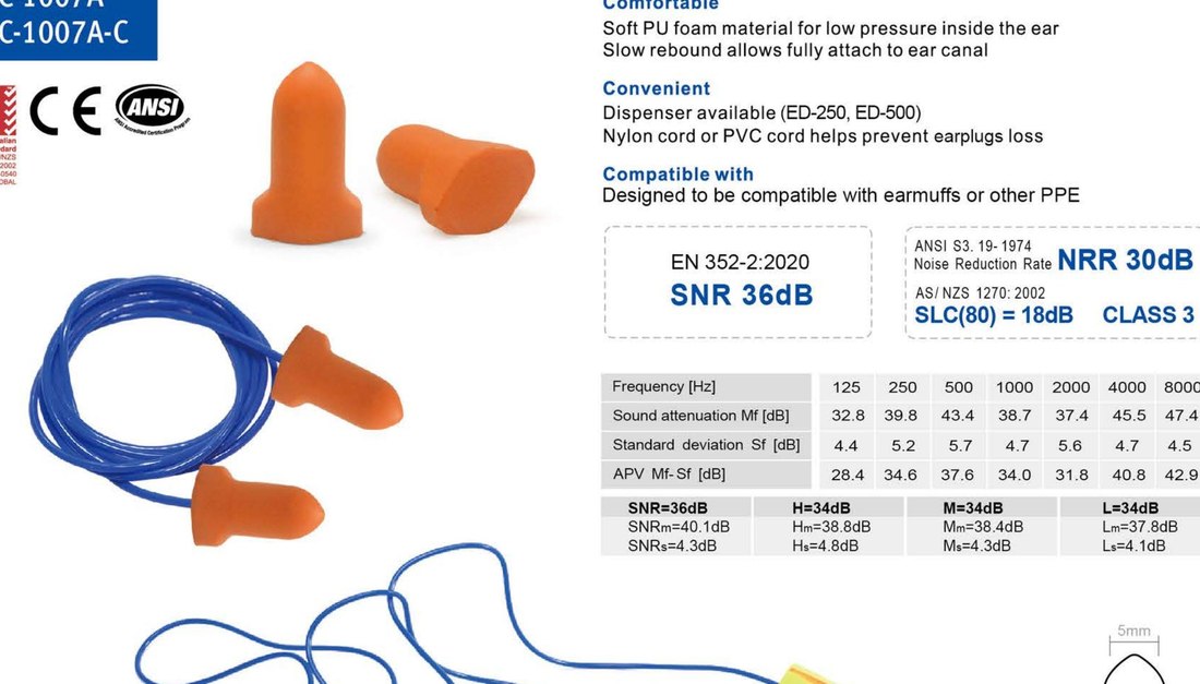 EC-1007A PU foam earplugs with cord, unbranded product photo