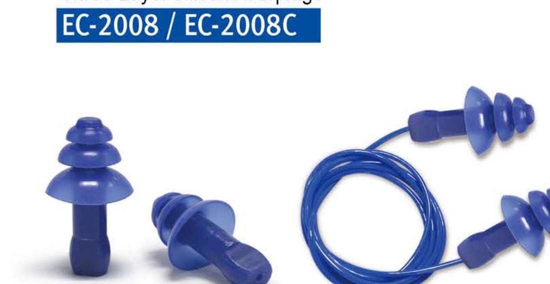 EC-2008 three-layer blue silicone earplugs with cord, unbranded product photo