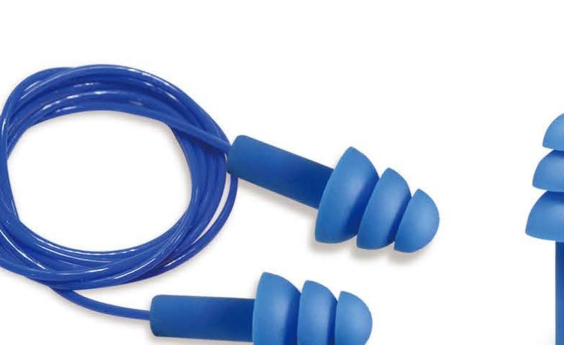 EC-2061 blue TPE multi-flange earplugs with cord, unbranded product photo