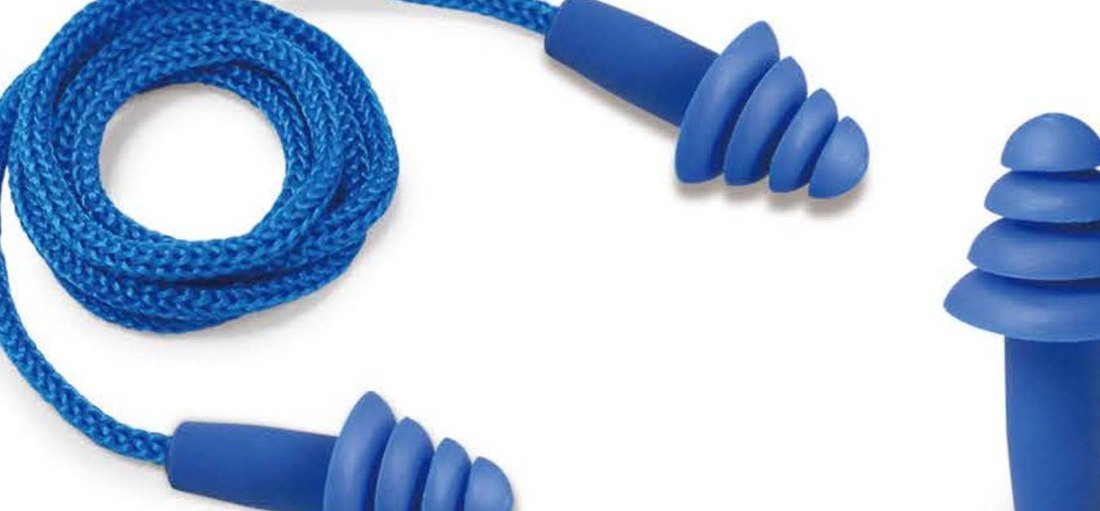 EC-2063 blue TPE multi-flange earplugs with cord, unbranded product photo