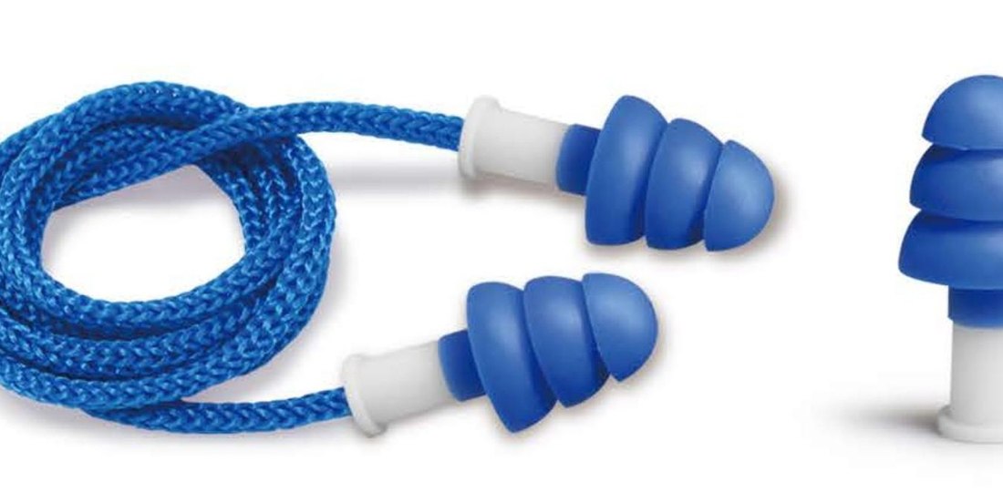EC-2065 blue TPE multi-flange earplugs with cord, unbranded product photo