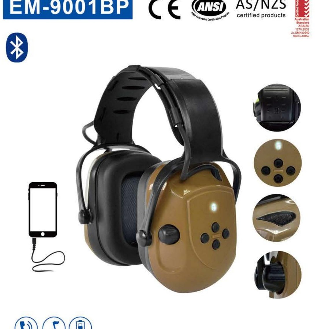 EM-9001BP Bluetooth electronic earmuff, unbranded product photo
