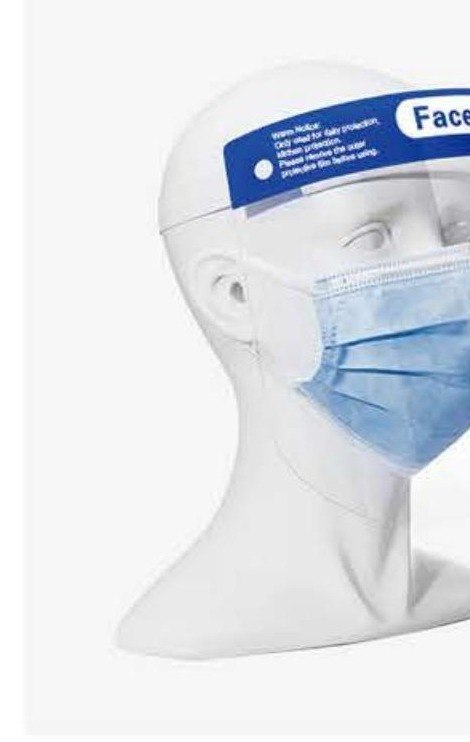 SG-81002 disposable PET face visor on a display headform, unbranded product photo